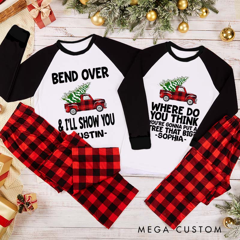 Personalized Funny Couple Bend Over and I’ll Show You Xmas Pajamas Truck Carrying a Christmas Tree Matching Pjs for Husband Wife Boyfriend Girlfriend
