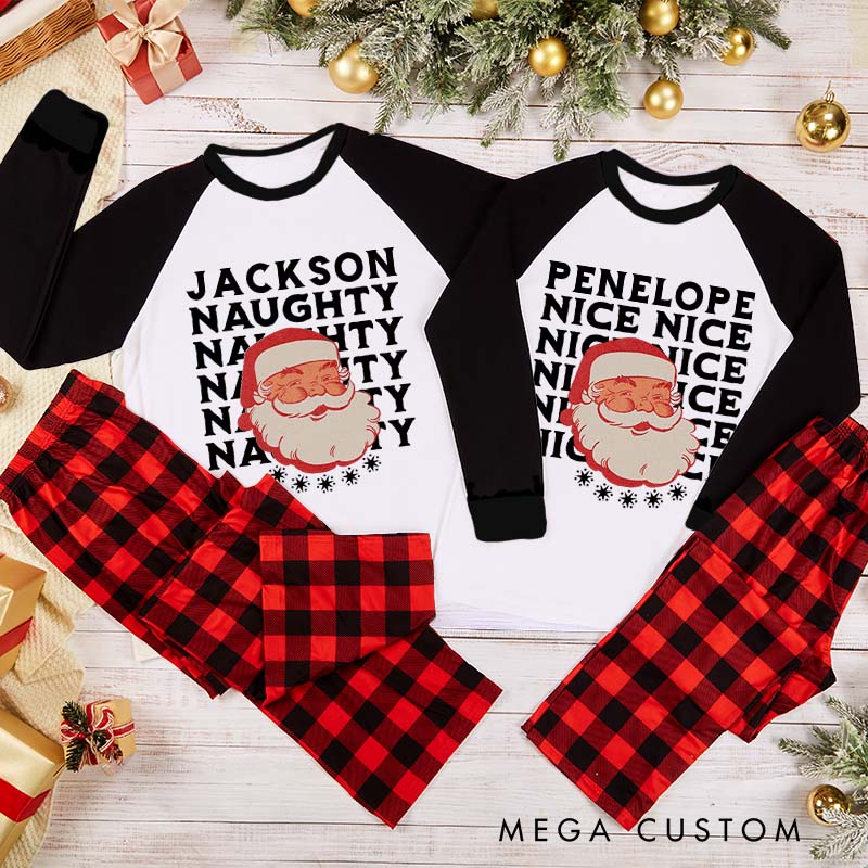 Personalized Couple Retro Naughty and Nice with Santa Xmas Pajamas Christmas Matching Pjs for Husband Wife Boyfriend Girlfriend