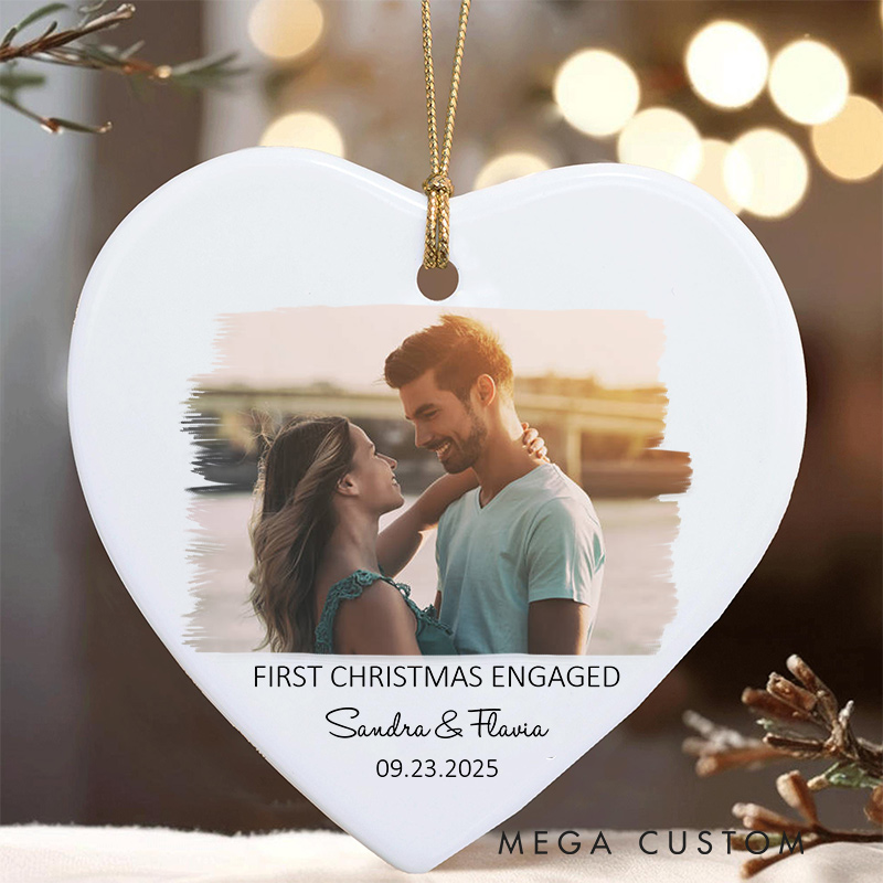 Personalized First Christmas Engaged Photo Ornament Couple Photo Ornament Couple Engagement Keepsake Gift Ornament with Name and Date