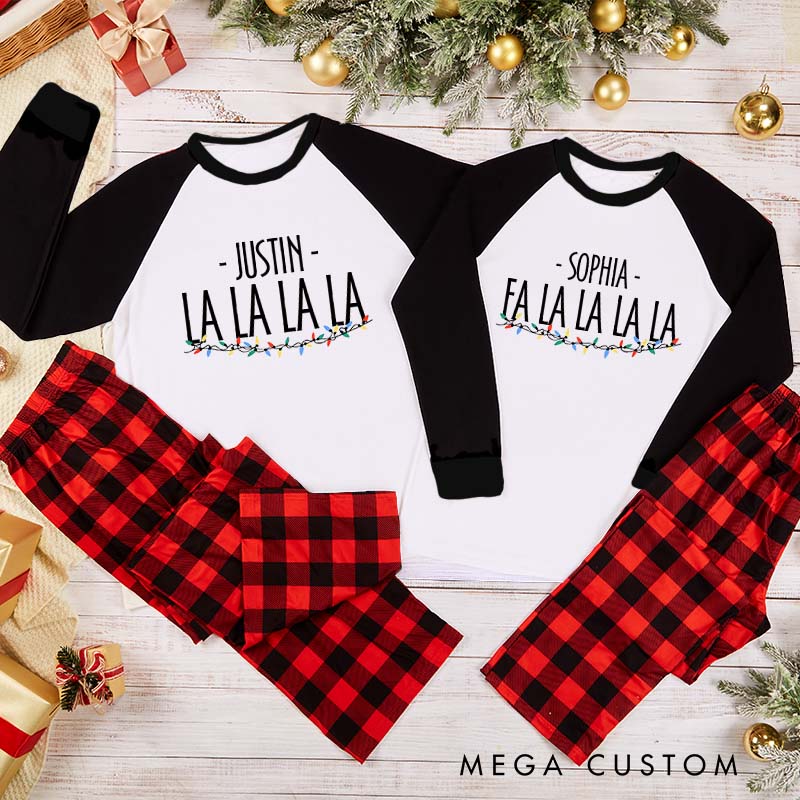 Personalized Couple Fa La La La La Xmas Matching Pajamas Colorful String Lights Christmas Matching Pjs for Husband Wife Boyfriend Girlfriend