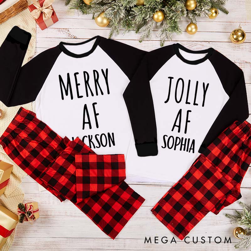 Personalized Couple Merry Af and Jolly Af Xmas Matching Pajamas with Name Christmas Matching Pjs for Husband Wife Boyfriend Girlfriend
