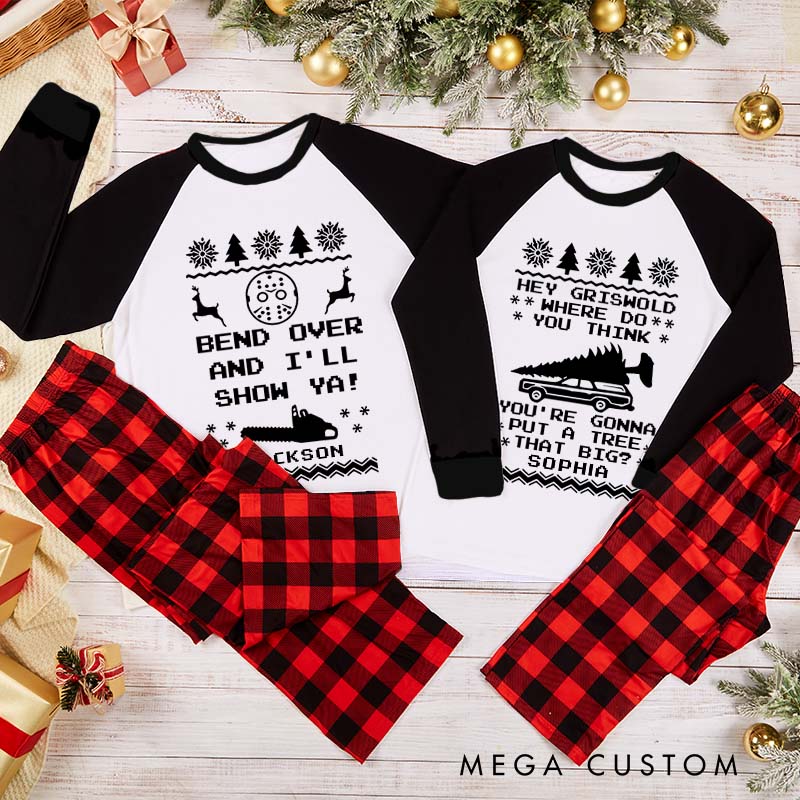 Personalized Couple Bend Over and I’ll Show Ya Xmas Pajamas Christmas with Name Christmas Matching Pjs for Husband Wife Boyfriend Girlfriend