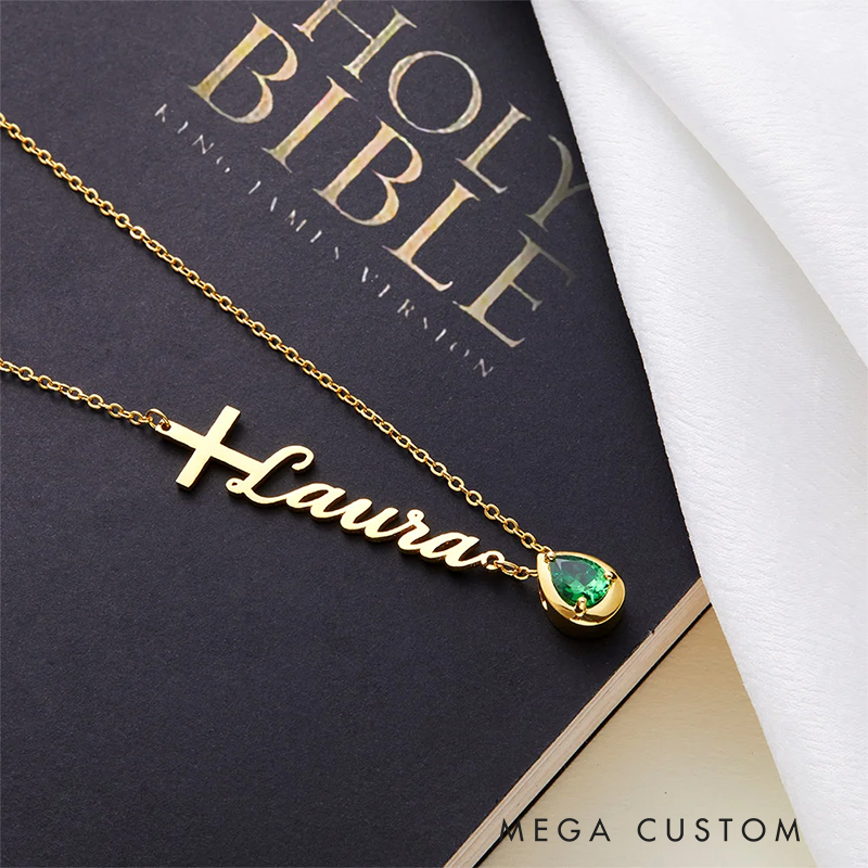 Personalized Dainty Cross Name Necklace with Drop-Shaped Birthstone Birthday Christian Baptism Gift for Her