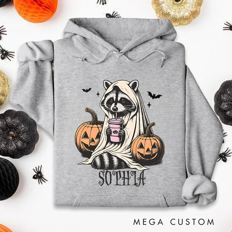 Personalized Raccoon with Pumpkins and Bats Adorable Halloween Forest Vibes Hoodies