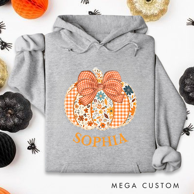 Personalized Gingham Pumpkin with Bow and Floral Accents Autumn Harvest Hoodies