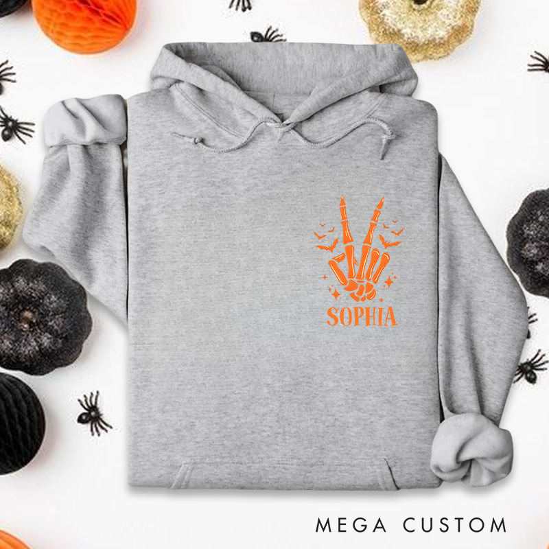 Personalized Skeleton Hands with Pumpkin and Moon Halloween Night Vibes Hoodies