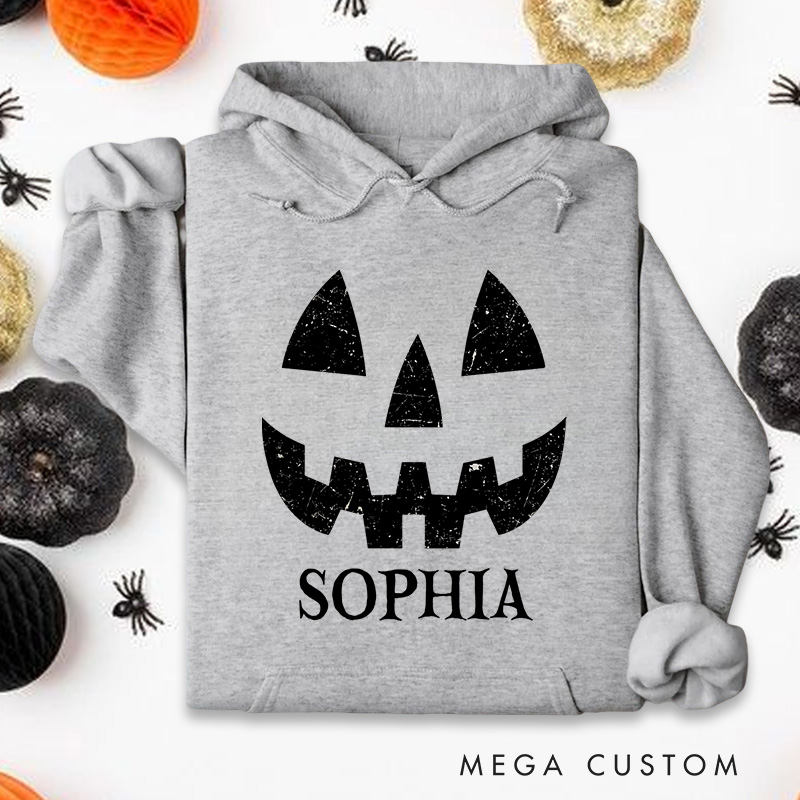 Personalized Classic Pumpkin Face Distressed Halloween Fun Casual Style Hoodies