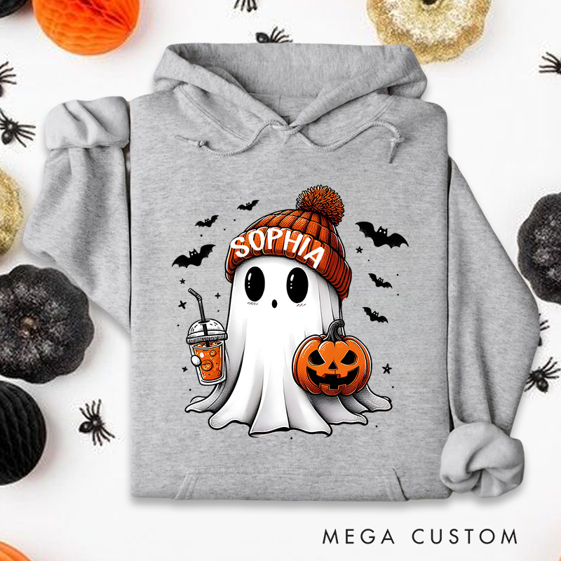 Personalized Adorable Ghost with Pumpkin and Coffee Autumn Halloween Aesthetic Hoodies