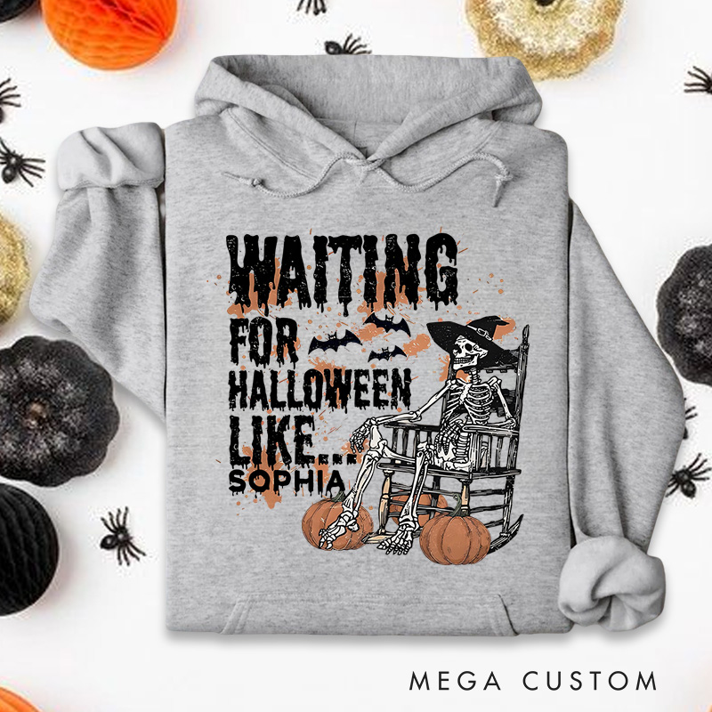 Personalized Waiting for Halloween Skeleton in Witch Hat with Pumpkins and Bats Fun Spooky Hoodies