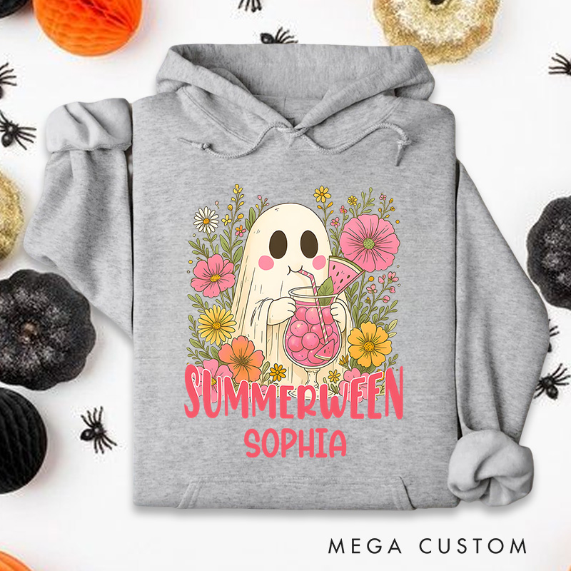 Personalized Summerween Ghost with Colorful Flowers and Happy Vibes Hoodies