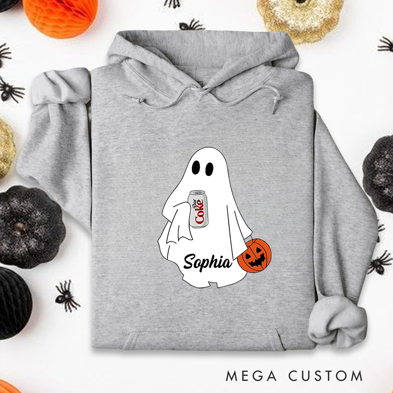 Personalized Cute Ghost Holding Soda and Pumpkin Fun Halloween Inspired Hoodies