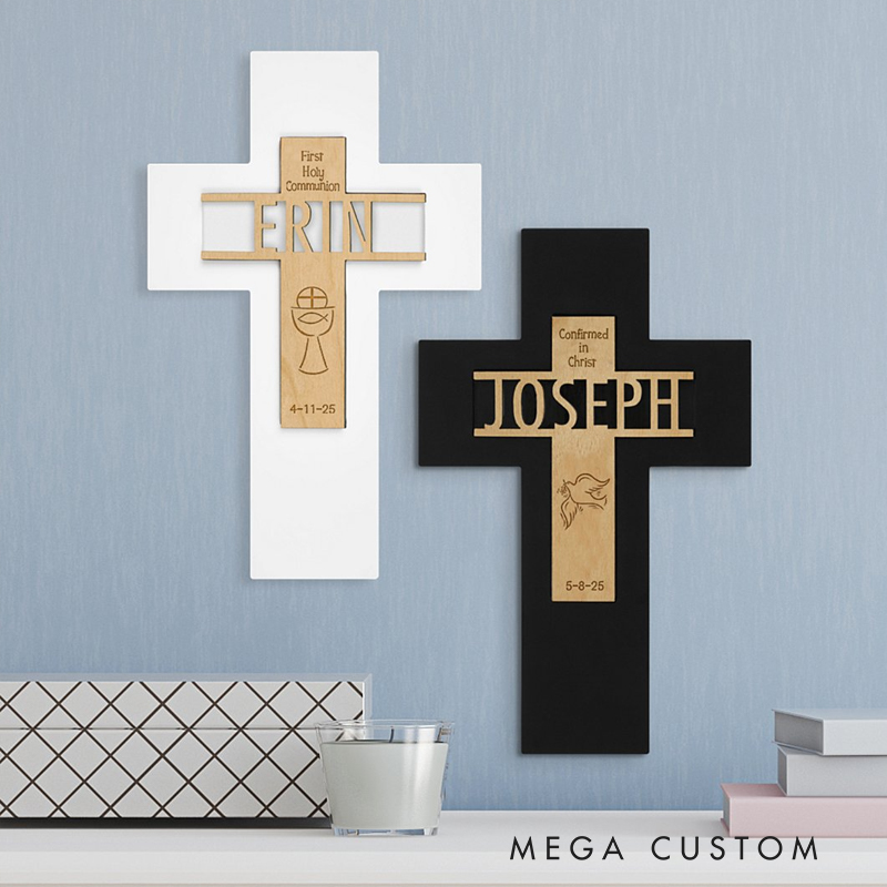Personalized Sacrament Wooden Cross with Name and Wooden Base Home Decor Birthday Gift for Christians