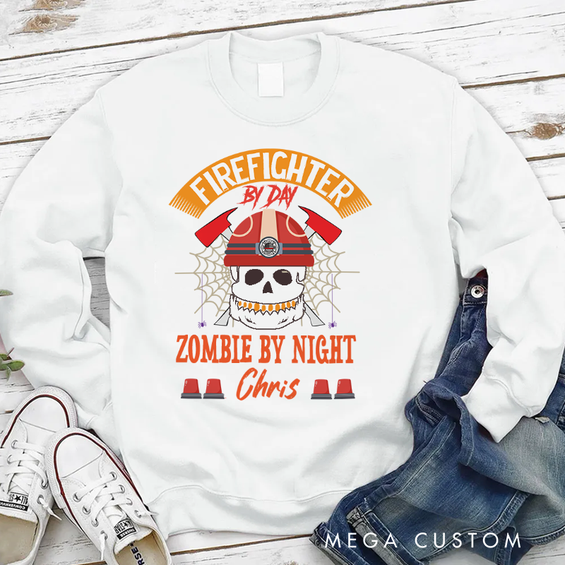 Personalized Halloween Sweatshirt Firefighter by Day Zombie by Night Skull Theme Gift for Firefighter