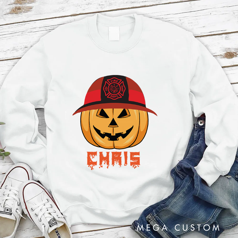 Personalized Fireman Halloween Sweatshirt Pumpkin with Firefighter Helmet Theme Gift