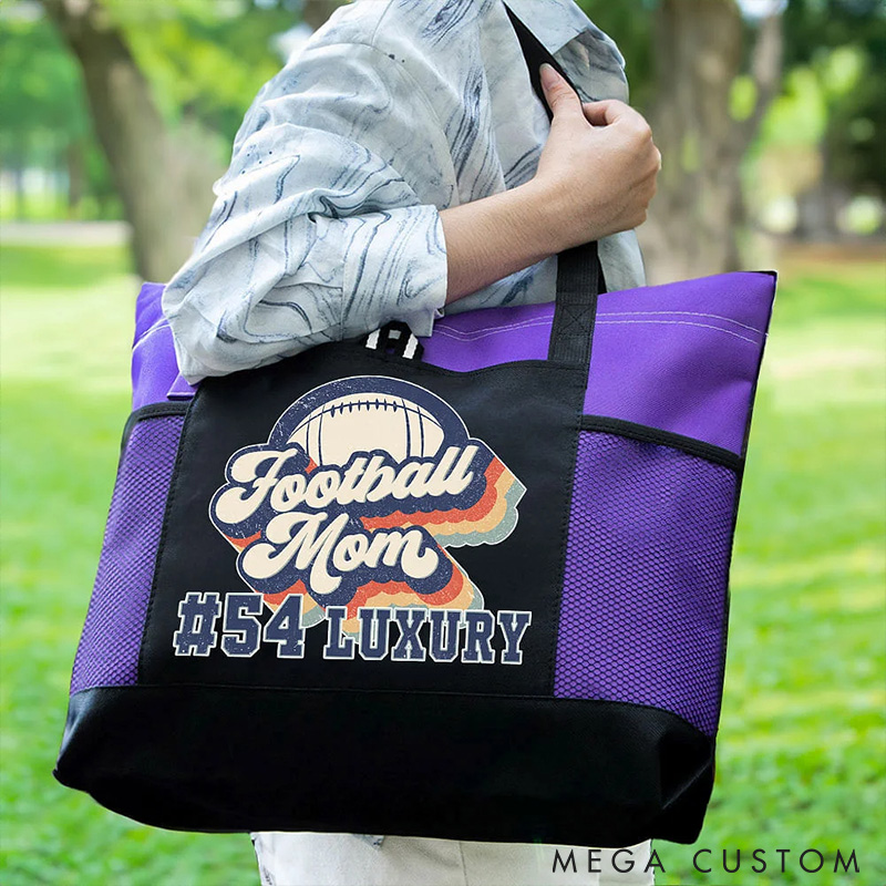 Personalized American Football Mom Tote Bag with Custom Name and Number