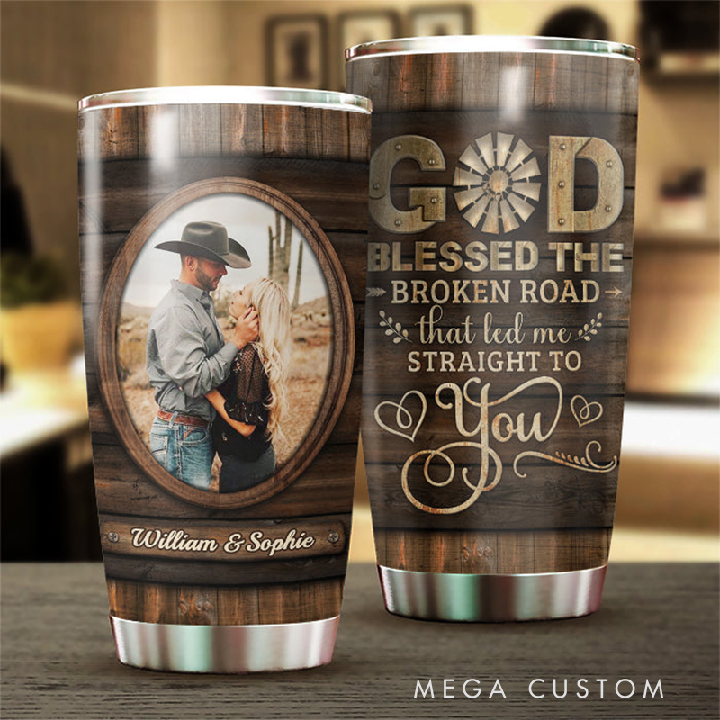 Personalized God Blessed the Broken Road that Led Me Straight to You 20oz Stainless Steel Tumbler with Name Christian Gift for Couple