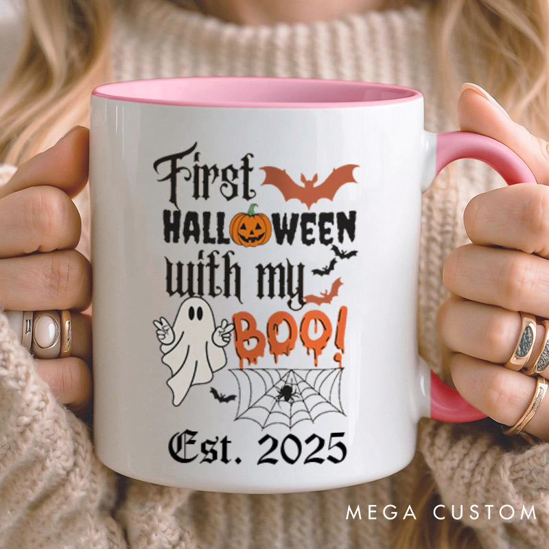 Personalized First Halloween with My Boo Ghost and Pumpkin Two Tone Color Couple Mugs 