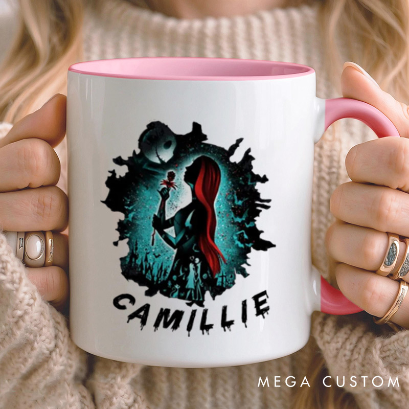 Personalized Halloween Couple Silhouette Design with Spooky Art Style Couple Mugs 