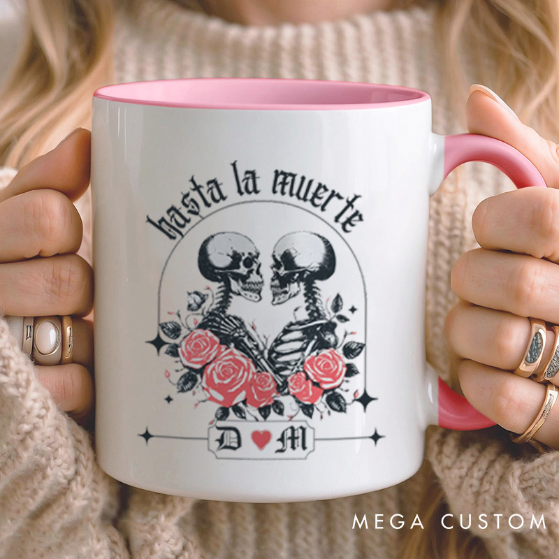 Personalized Hasta La Muerte Skeleton Couple with Roses Couple Mugs 