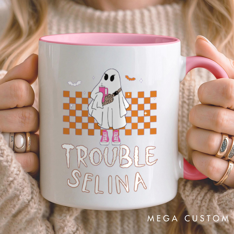 Personalized Where I Go Trouble Follows Ghost with Checkered Background Couple Mugs 