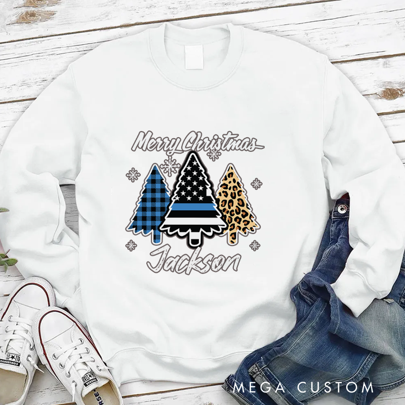 Personalized Thin Blue Line Christmas Sweatshirt Merry Christmas Gift for Police Officer
