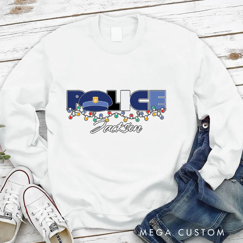 Personalized Police Christmas Sweatshirt with Festive String Lights Gift for Police Officer