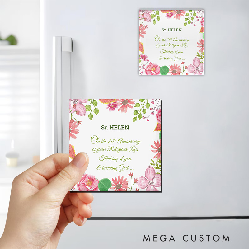 Personalized Nun Religious 70th Anniversary Watercolor Flowers Magnetic Fridge Magnet with Name and Year Number Religious Gift Anniversary Gift