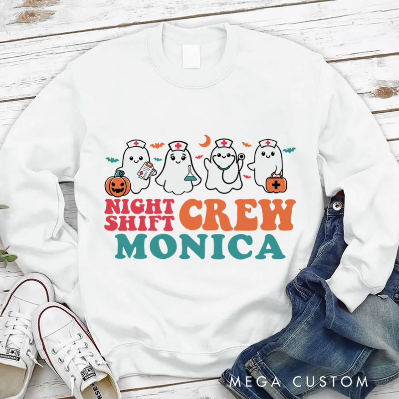 Personalized Nurse Halloween Sweatshirt Customized Night Shift Crew Design Sweatshirt Nurse Halloween Gifts
