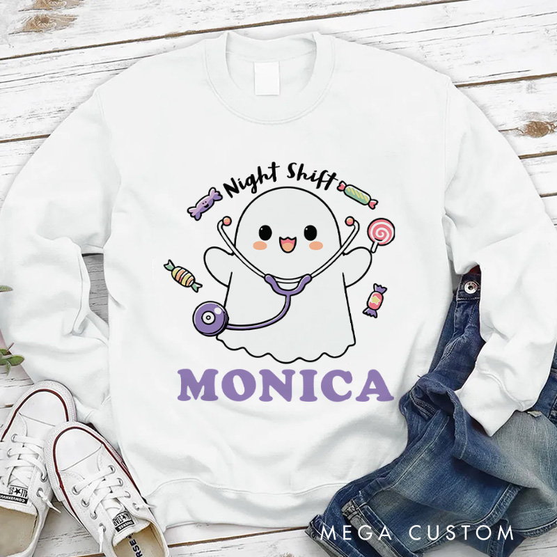 Personalized Nurse Halloween Sweatshirt Customized Night Shift Ghost Design Sweatshirt Nurse Halloween Gifts