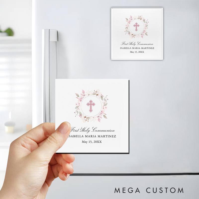 Personalized First Communion Cross Wreath Magnetic Fridge Magnet with Name and Year Number First Holy Communion Gift Religious Gift