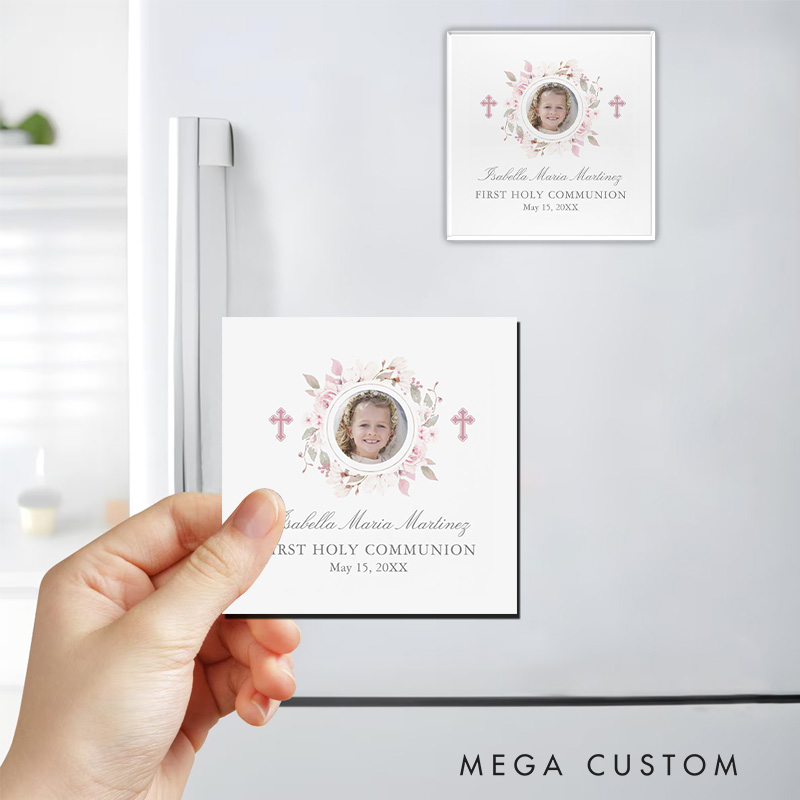 Personalized First Communion Cross Pink Flower Magnetic Fridge Magnet with Name Photo and Date First Holy Communion Gift Religious Gift