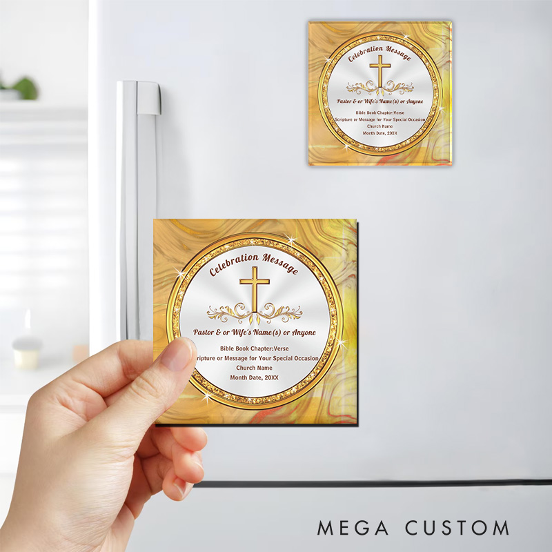 Personalized Gold Cross Magnetic Fridge Magnet with Name of Pastor Church and Date Church Souvenirs Religious Gift for Anniversary or Any Occasions