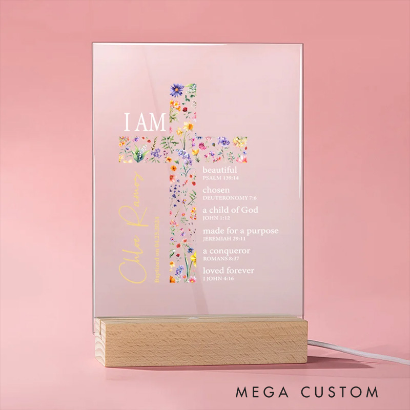 Personalized Floral Cross Bible Verse Name LED Night Light with Wood Base Religious Gift Baptism Gift for Girls