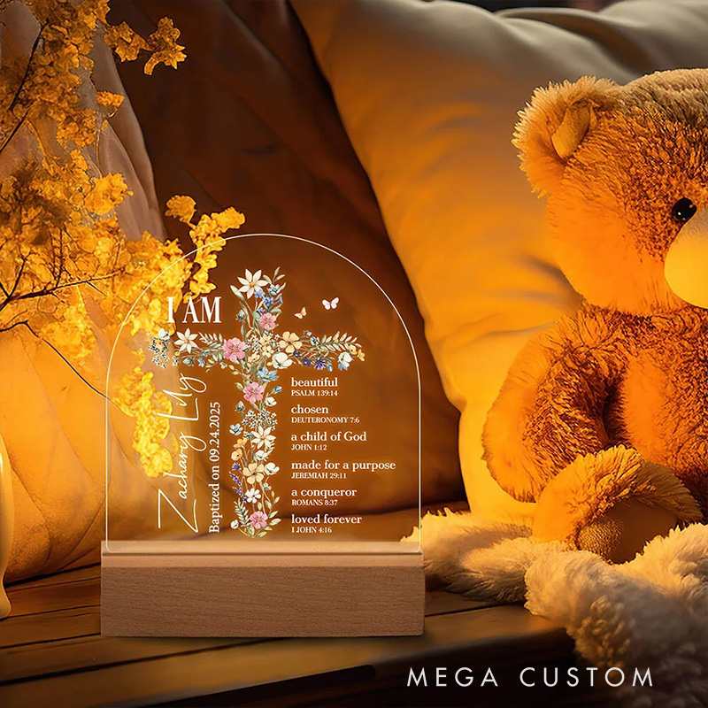 Personalized Bible Verse Floral Cross Name LED Night Light with Wooden Base Home Decoration Baptism Gift for Girls