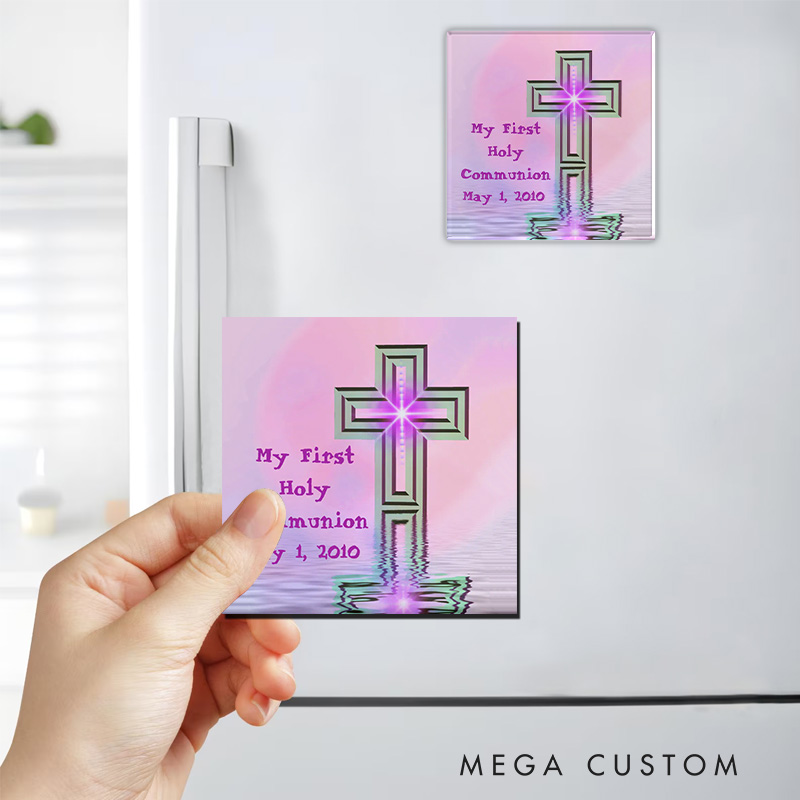 Personalized Cross My First Holy Communion Pink and Purple Magnetic Fridge Magnet with Date Religious Gift First Communion Gift