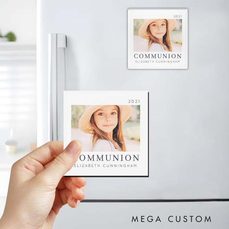 Personalized Simple Modern Chic First Communion Photo Magnetic Fridge Magnet with Name and Date Religious Gift First Holy Communion Gift