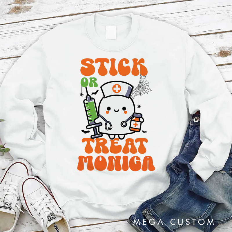 Personalized Nurse Halloween Sweatshirt Customized Stick or Treat Design Sweatshirt Nurse Halloween Gifts