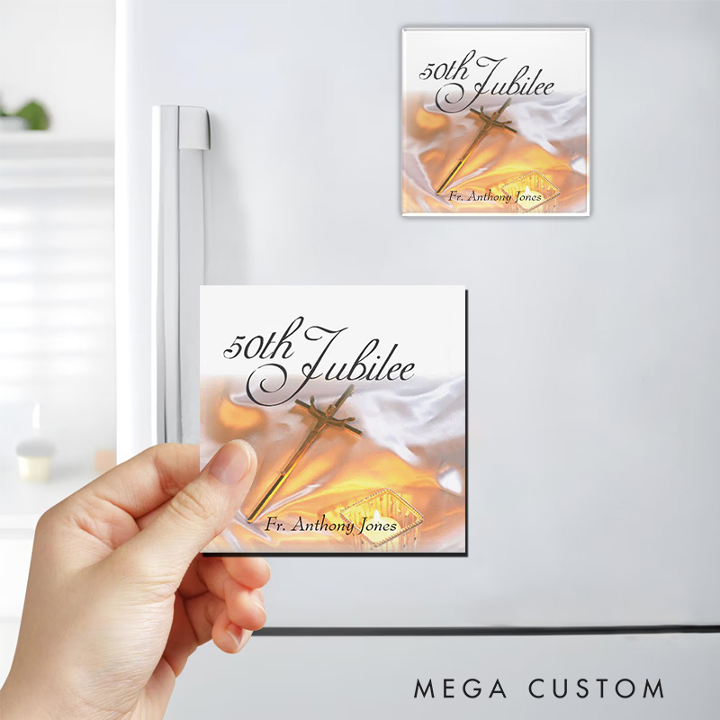 Personalized Golden Jubilee Religious Life Cross Candle Magnetic Fridge Magnet with Name Religious Gift 50 Year Anniversary Gift