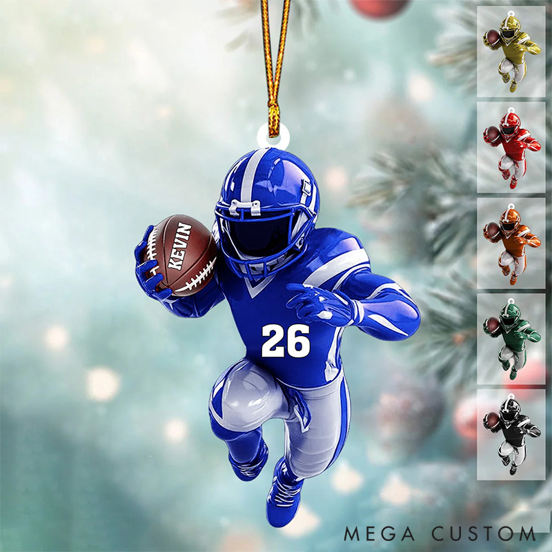Personalized American Football Player Ornament with Custom Name, Number, and Team Colors