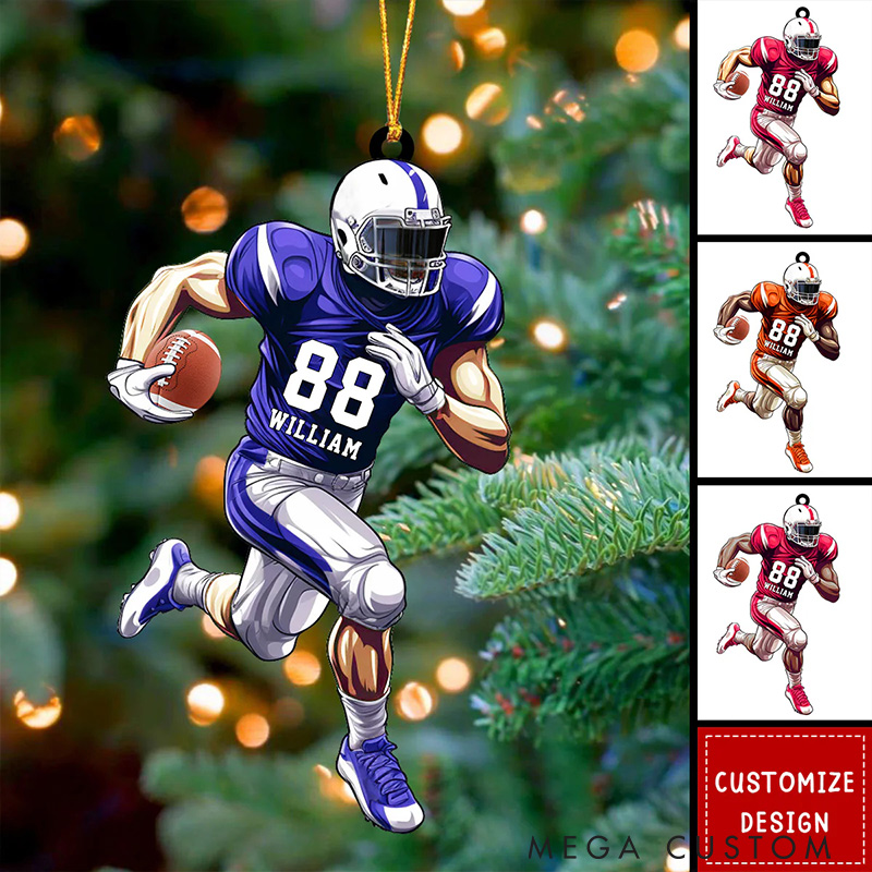 Personalized Action American Football Player Ornament with Custom Name, Number and Team Colors