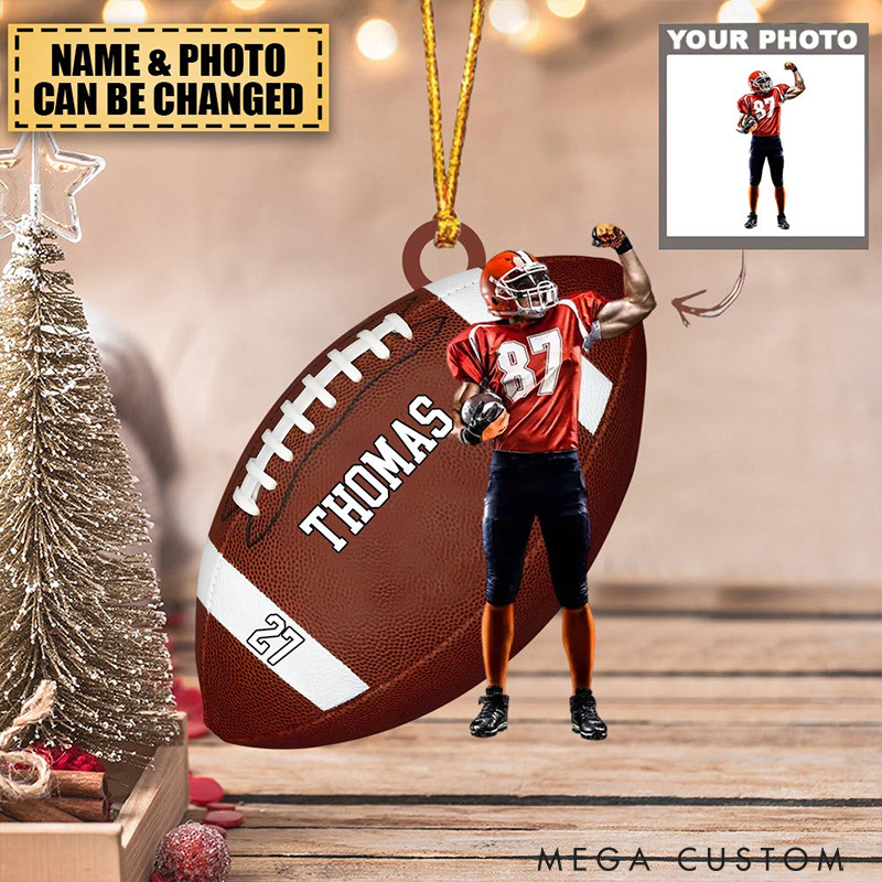 Personalized American Football Ornament with Custom Name, Number, and Photo