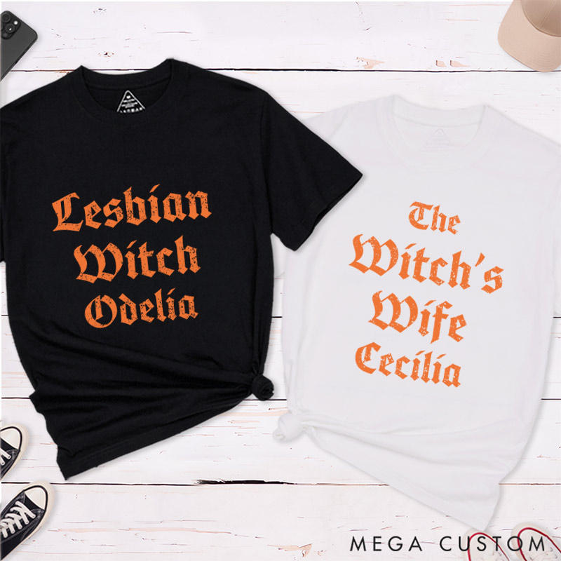 Personalized Lesbian Witch and Wife Halloween Couple T-Shirts LGBTQ Matching Shirt Halloween Tee for Lesbian