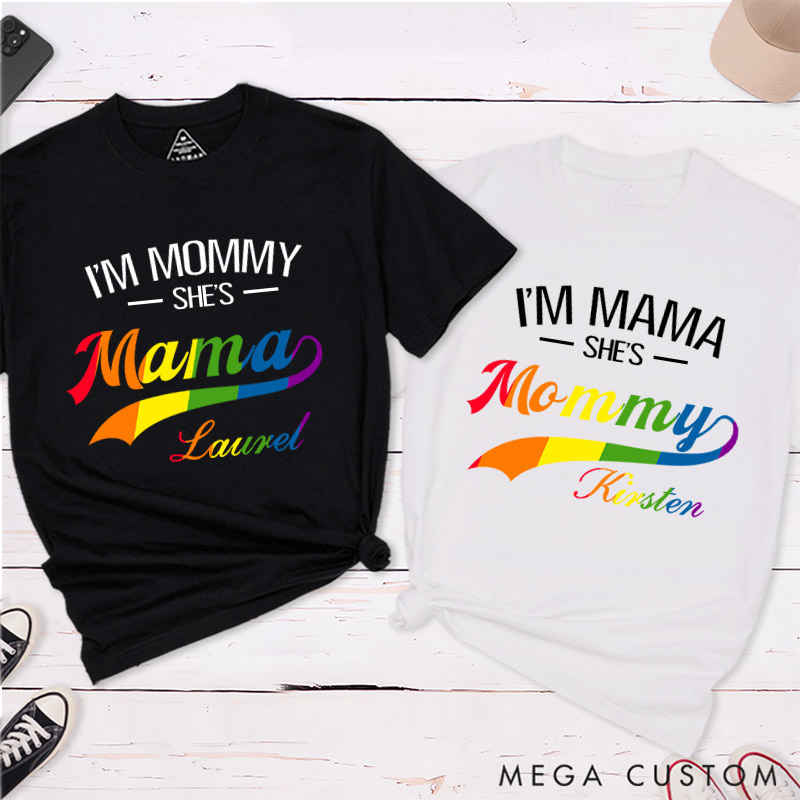 Personalized I'm Mommy She's Mama" LGBTQ+ Couple T-Shirts Lesbian Matching Shirt for Women Pride Shirt for Her