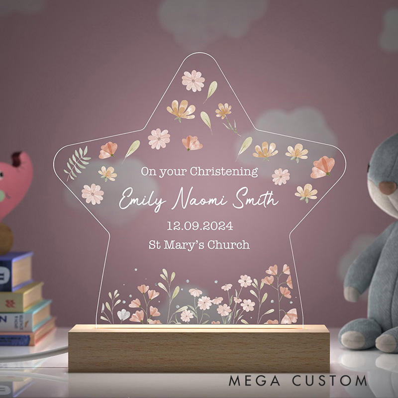 Personalized Delicate Floral LED Night Light with Name and Date Christening Baptism Gift Religious Gift for Girls