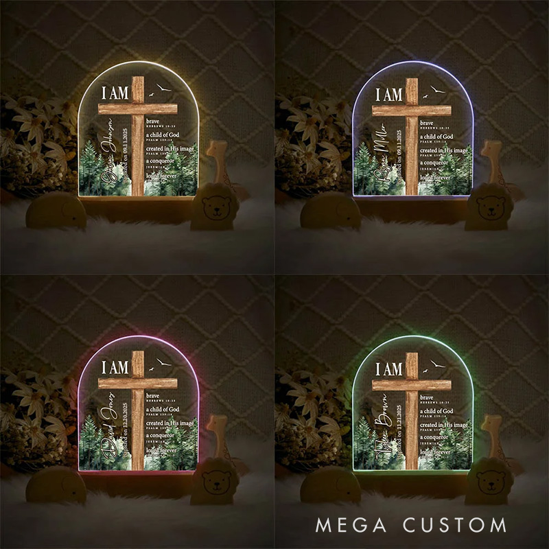 Personalized Bible Verse Cross LED Night Light with Wood Base Baptism Gift with Name Religious Gift for Boys
