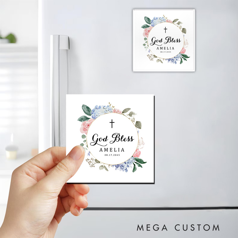 Personalized Blue Hydrangeas and Roses God Bless Fridge Magnet with Name and Date Religious Gift for Christian Women