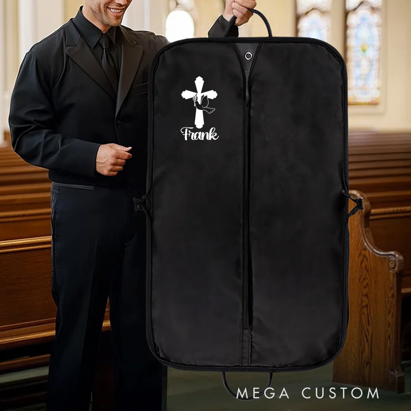 Personalized Cross Dove Design Waterproof Hanging Garment Bag with Name Birthday Baptism Gift for Christians