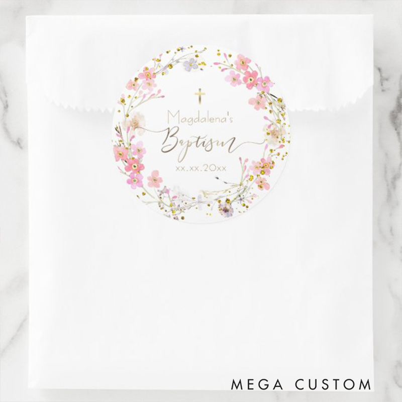 Personalized Flowers Wreath Cross Classic Round Sticker with Name and Date Religious Gift Baptism Gift for Girls