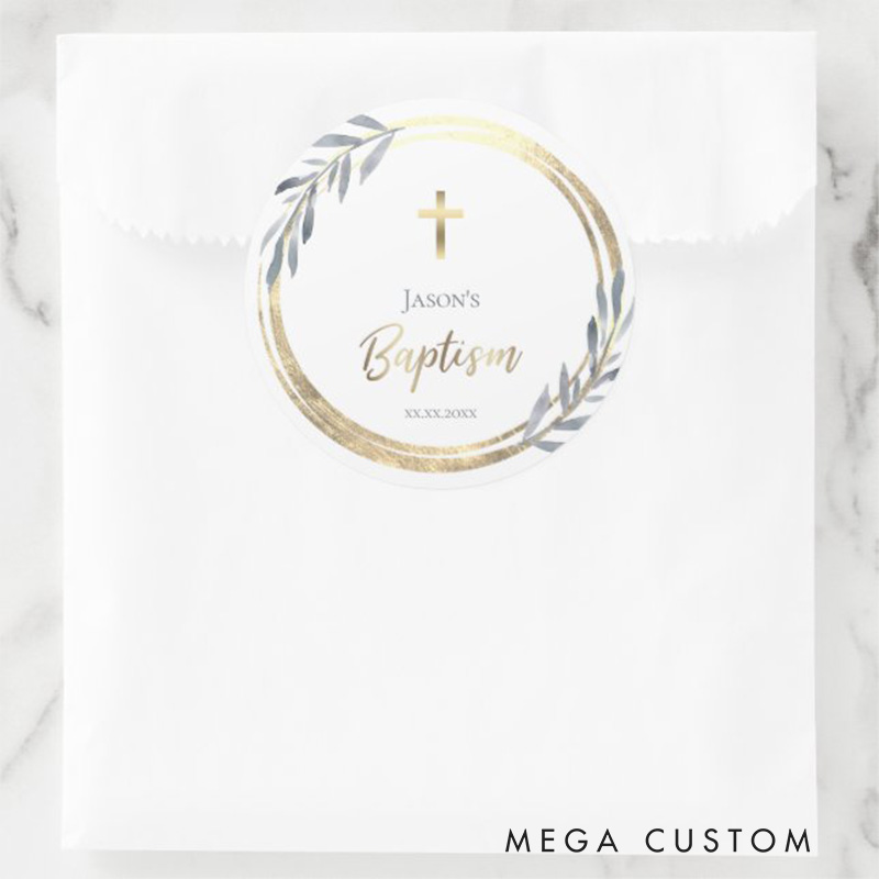 Personalized Dusty Blue Wreath Cross Classic Round Sticker with Name and Date Christian Gift Baptism Gift for Boys