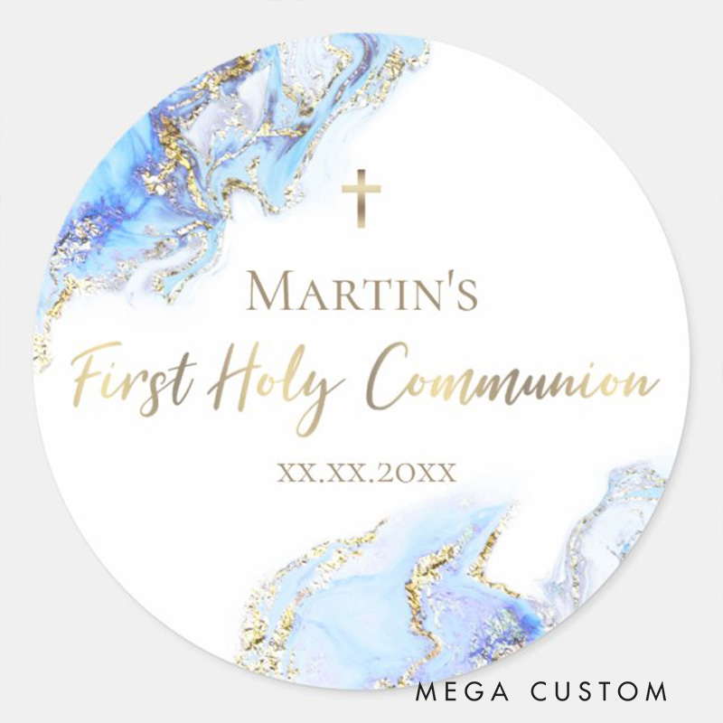 Personalized Blue Ink Marble with Cross Classic Round Sticker with Name and Date Religious Gift First Holy Communion Gift for Boys